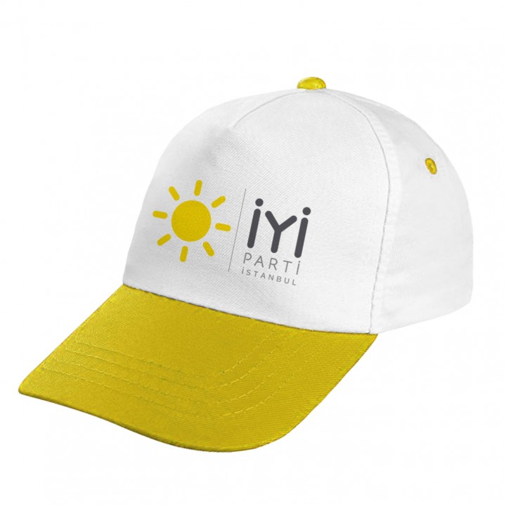 İYİ Parti Logolu Beyaz 5 Panel Polyester Promosyon Şapka Siperli Baskılı Seçim Modeli